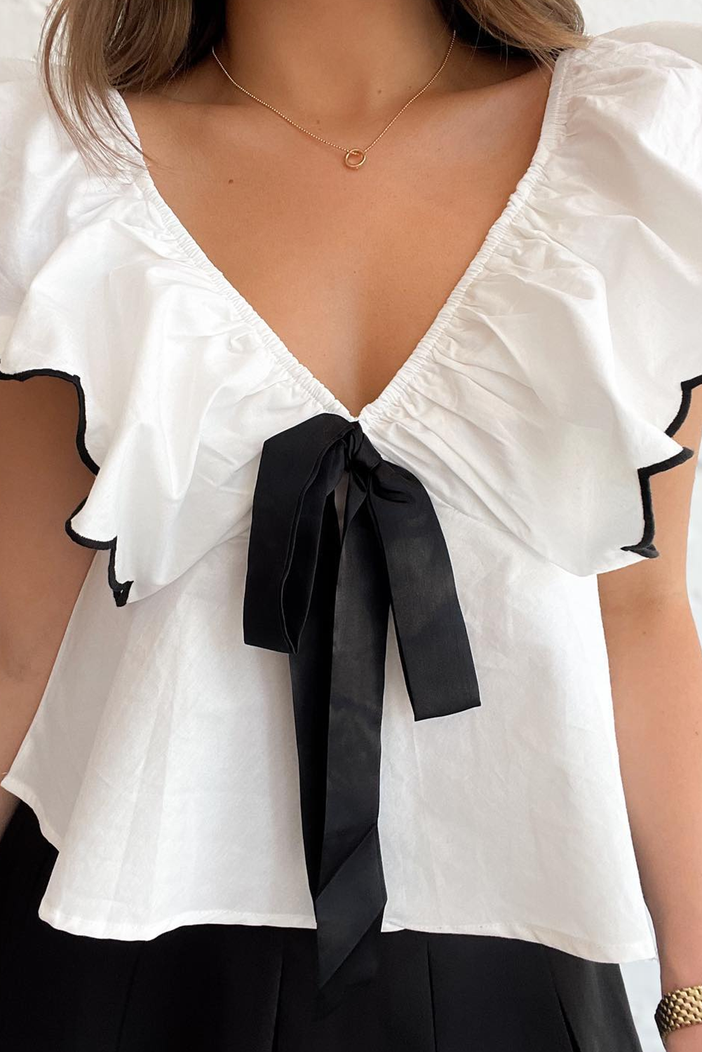 White Bow Ruffle V Neck Blouse