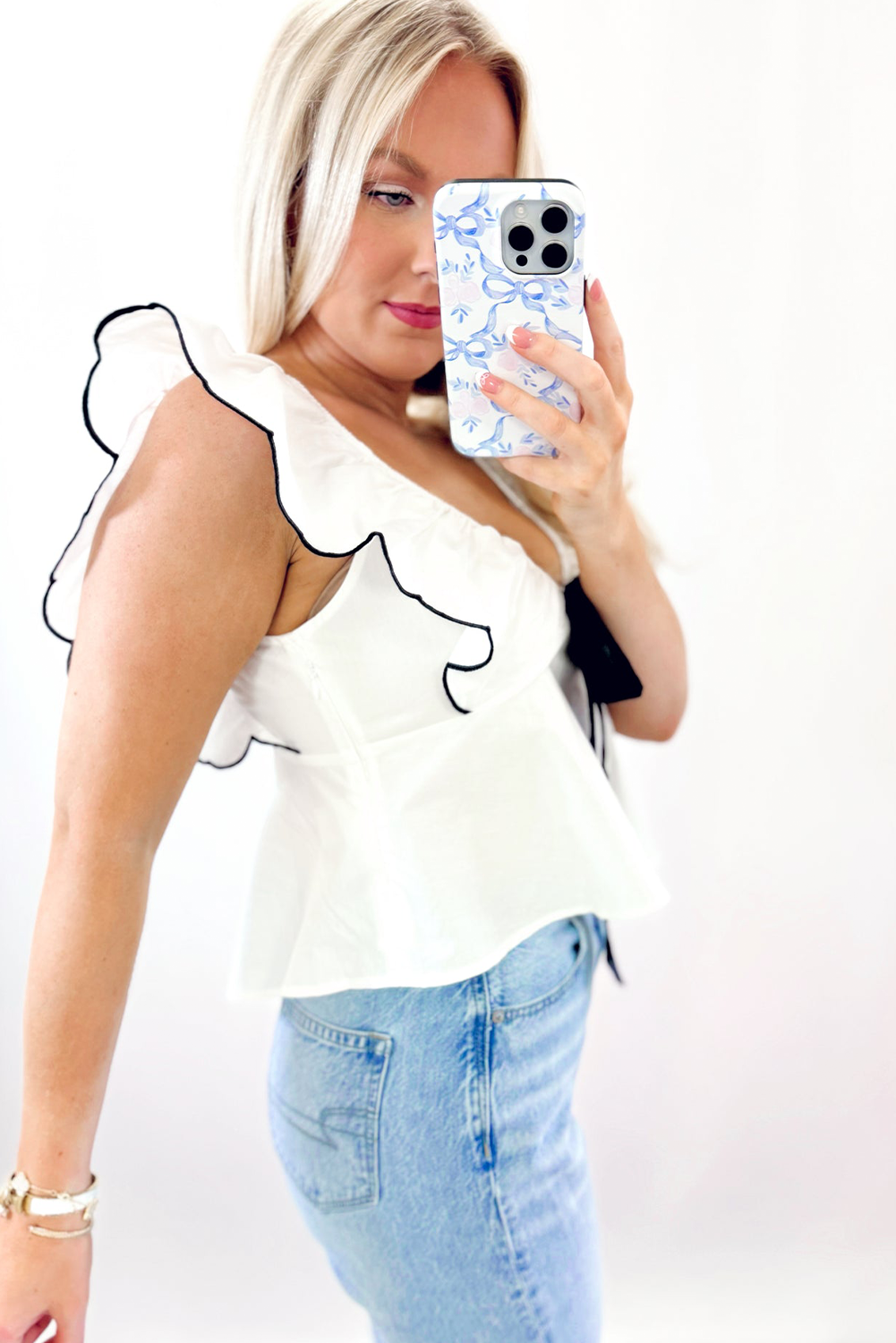 White Bow Ruffle V Neck Blouse
