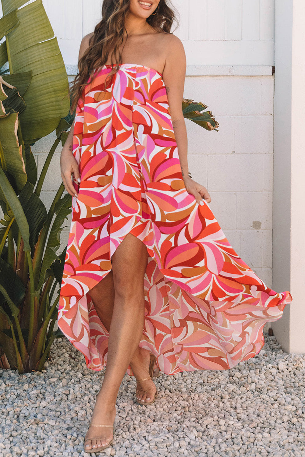 Bandeau-Urlaubskleid mit Rosen-Blumenmuster und hohem Bund