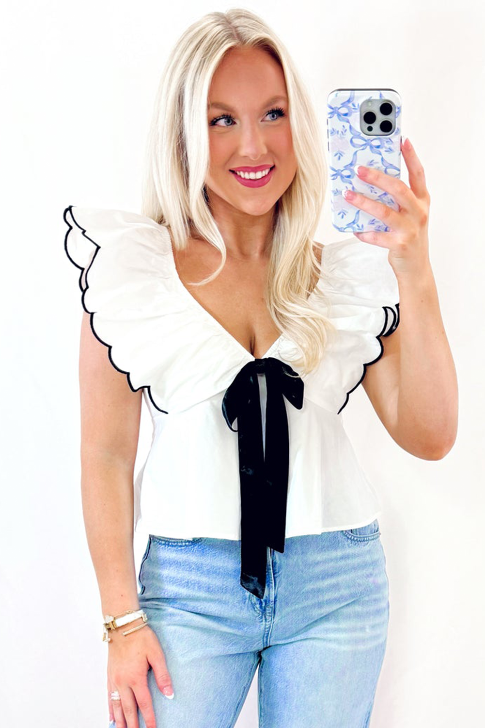 White Bow Ruffle V Neck Blouse