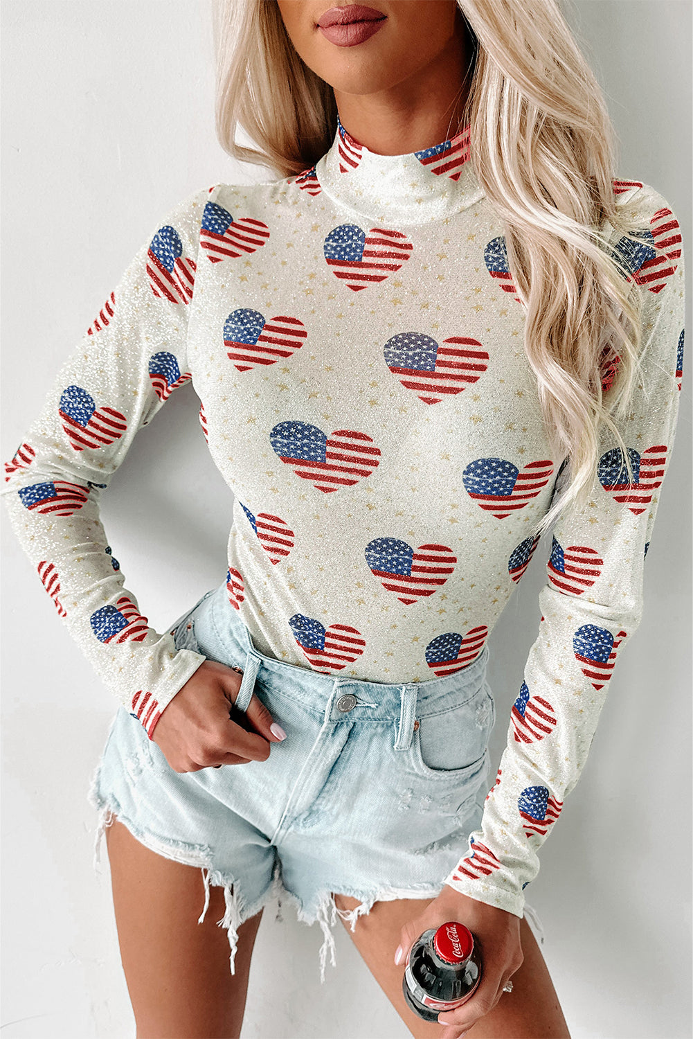Weißer Americana-Body aus glitzerndem Netzstoff mit langen Ärmeln
