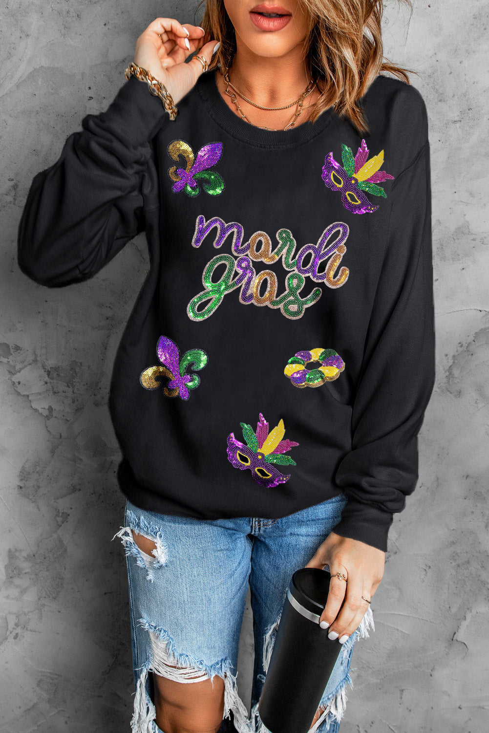 Schwarzes Marsi Gras-Sweatshirt mit Pailletten