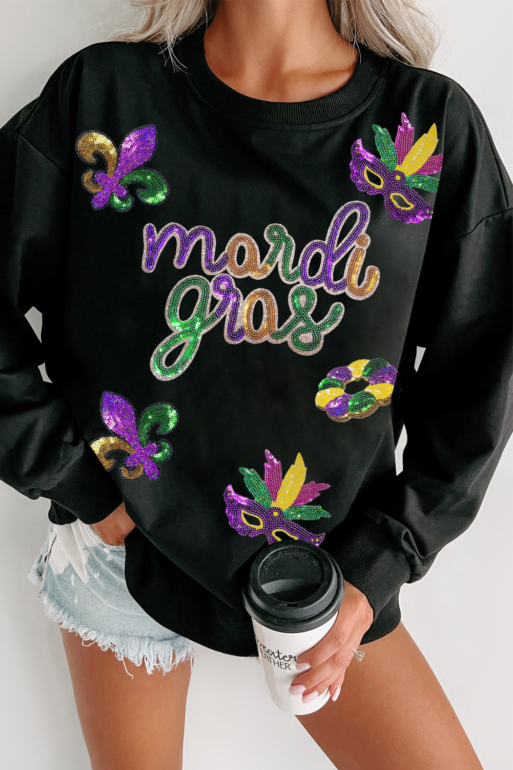 Schwarzes Marsi Gras-Sweatshirt mit Pailletten