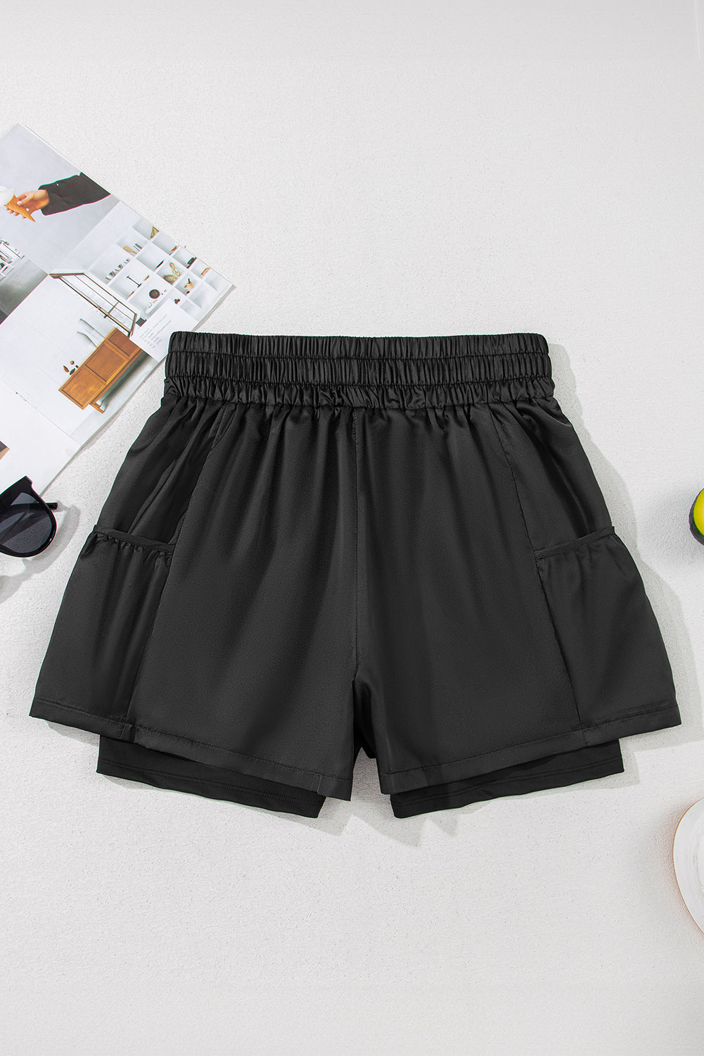 Schwarze, elastische Freizeitshorts mit hoher Taille