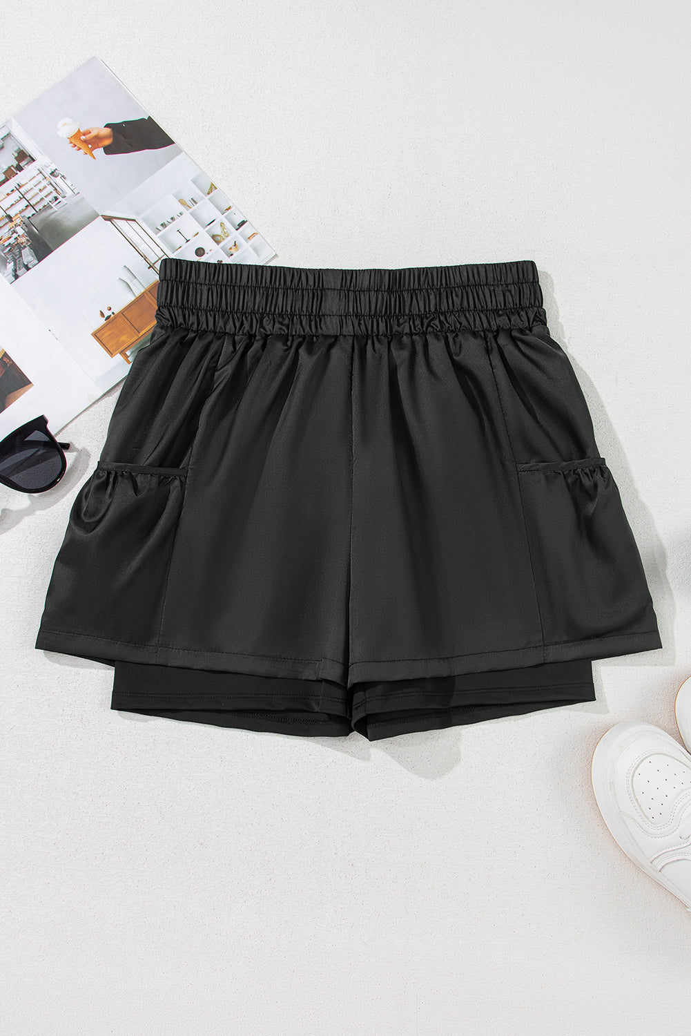 Schwarze, elastische Freizeitshorts mit hoher Taille