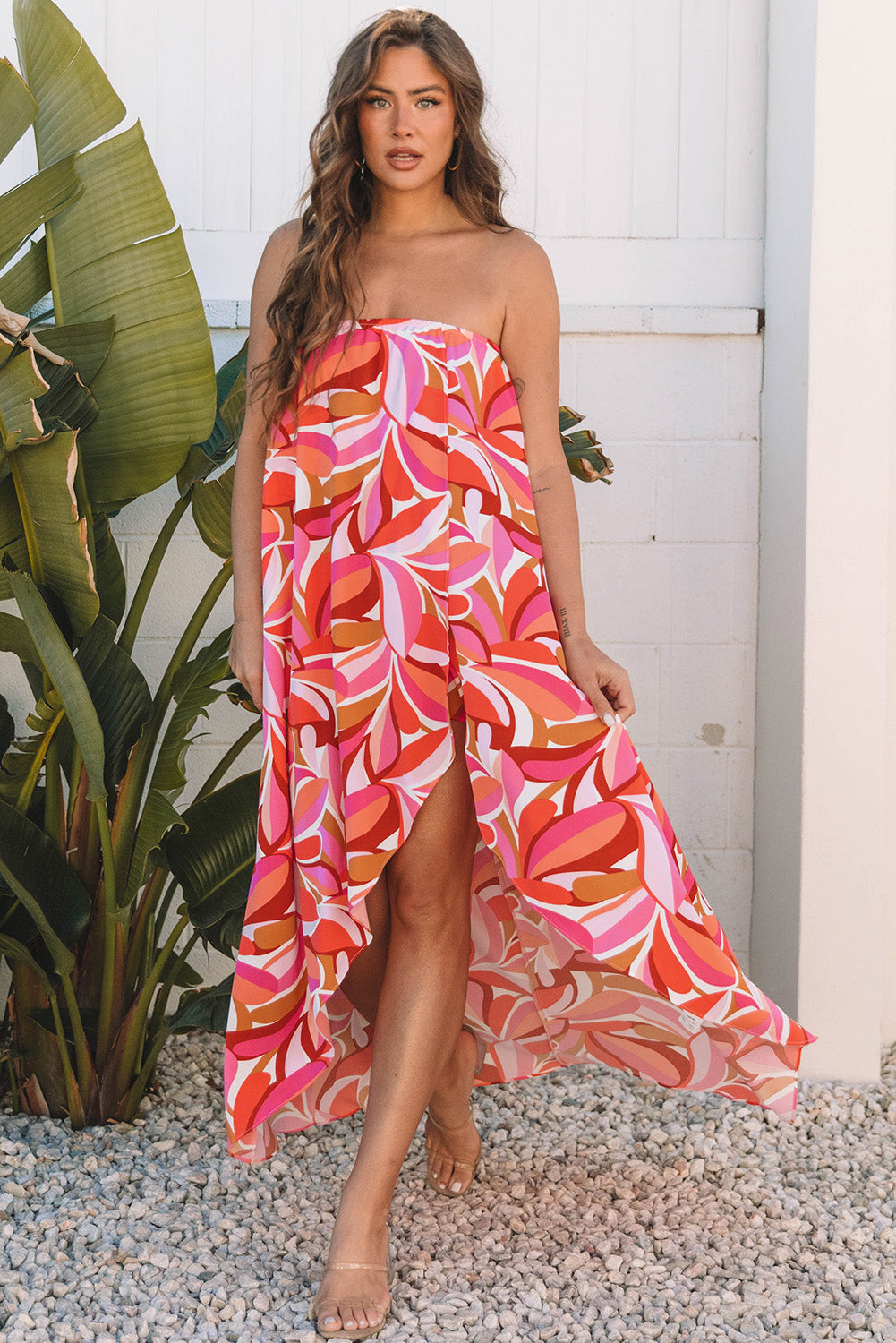 Bandeau-Urlaubskleid mit Rosen-Blumenmuster und hohem Bund