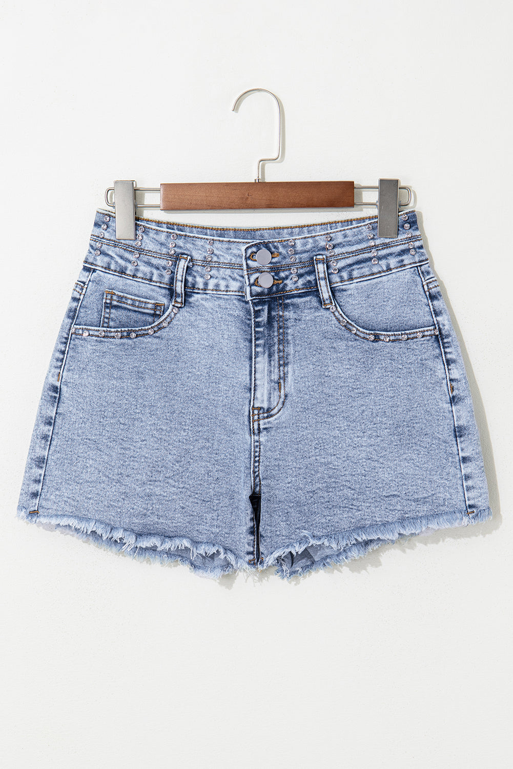 Blaue Jeansshorts mit hoher Taille und Strasssteinen