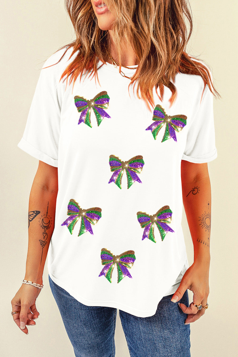 Weißes Rundhals-T-Shirt mit Paillettenschleife