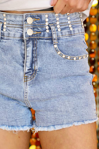 Blaue Jeansshorts mit hoher Taille und Strasssteinen