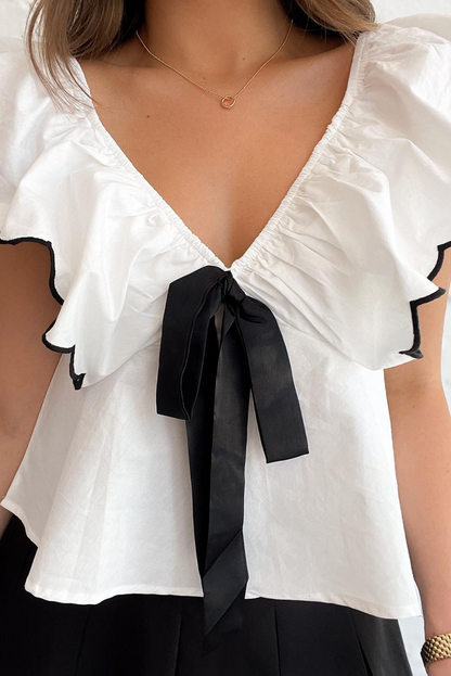 White Bow Ruffle V Neck Blouse