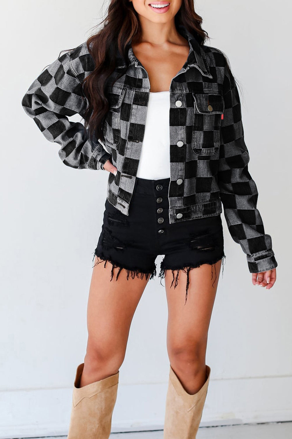 Schwarze karierte Jeansjacke