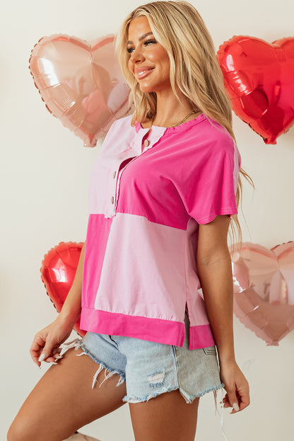 Pink Rose T-Shirt mit halben Knöpfen und Kragen
