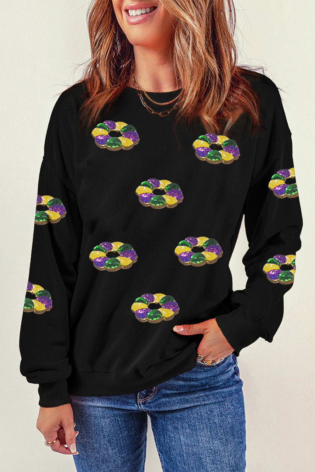Schwarzes Donuts-Sweatshirt mit Pailletten