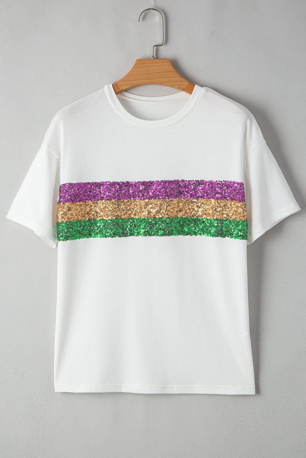 Weißes Mardi Gras T-Shirt mit Paillettenstreifen