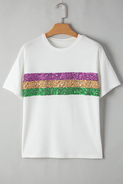 Weißes Mardi Gras T-Shirt mit Paillettenstreifen