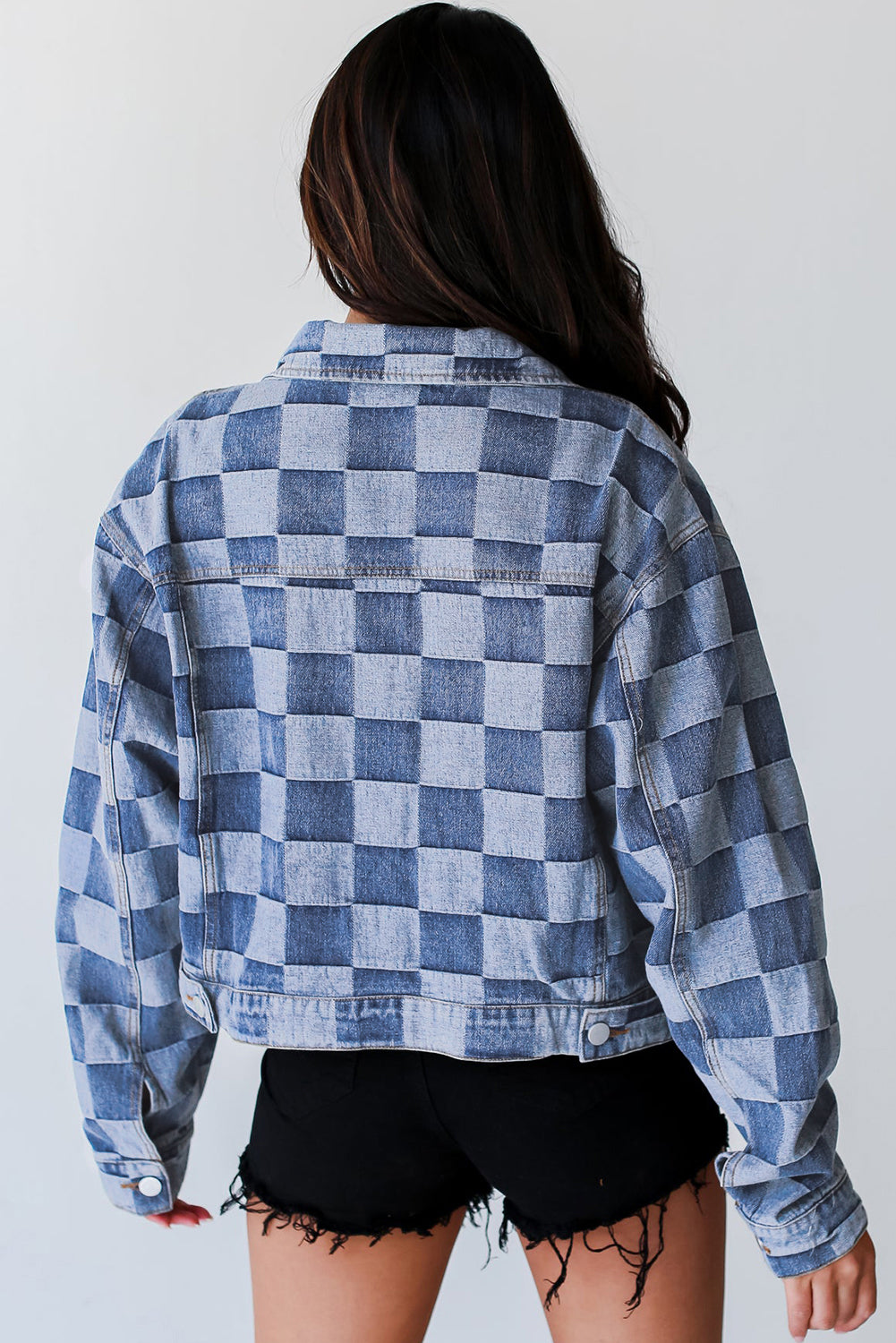 Schwarze karierte Jeansjacke