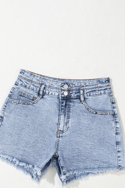 Blaue Jeansshorts mit hoher Taille und Strasssteinen