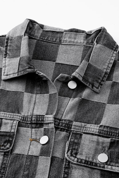 Schwarze karierte Jeansjacke