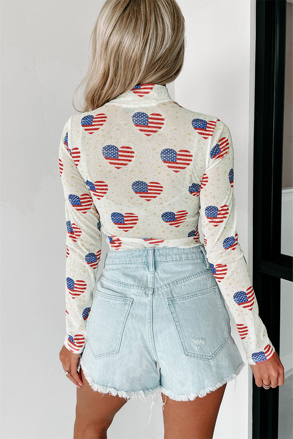 Weißer Americana-Body aus glitzerndem Netzstoff mit langen Ärmeln