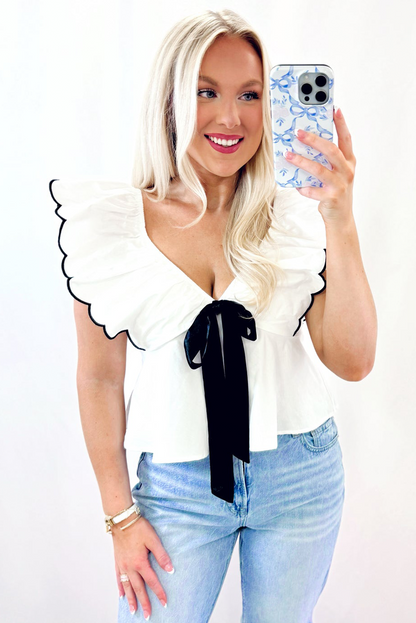 White Bow Ruffle V Neck Blouse