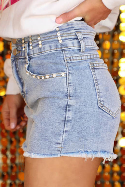 Blaue Jeansshorts mit hoher Taille und Strasssteinen