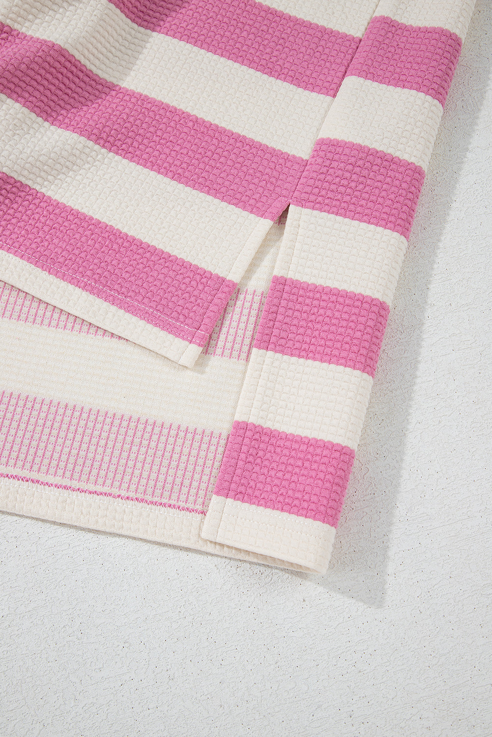 Pink Stripe Patchwork Textured Short Sleeve High Low Loose Top