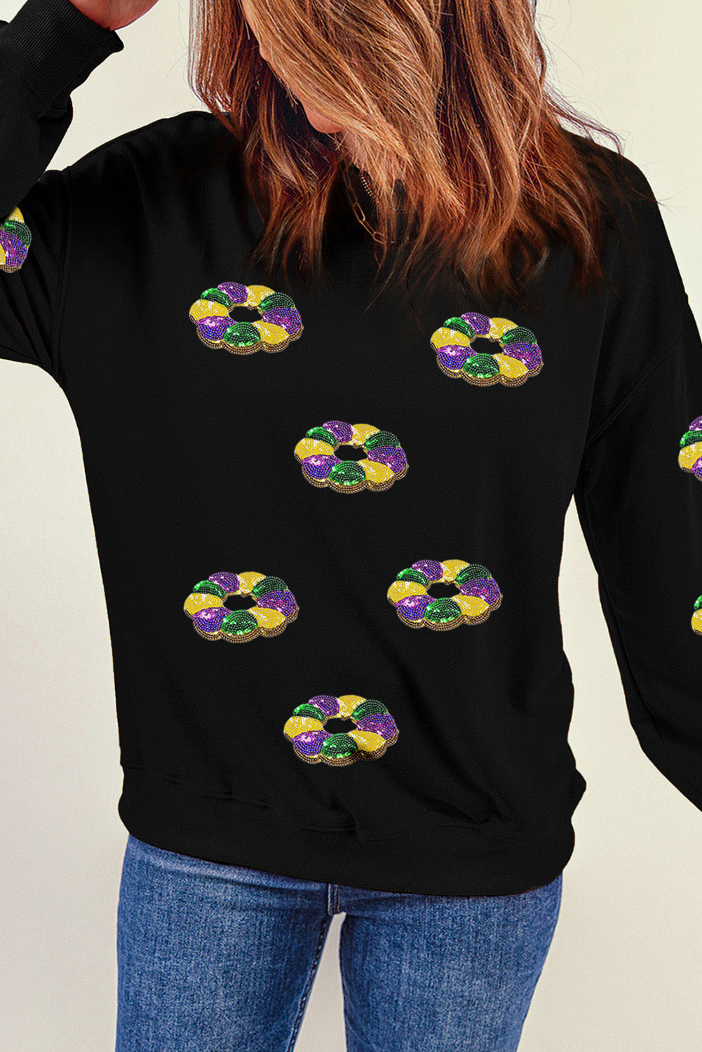 Schwarzes Donuts-Sweatshirt mit Pailletten