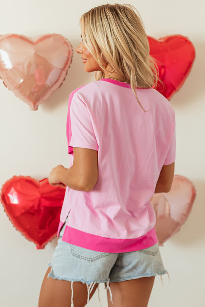 Pink Rose T-Shirt mit halben Knöpfen und Kragen