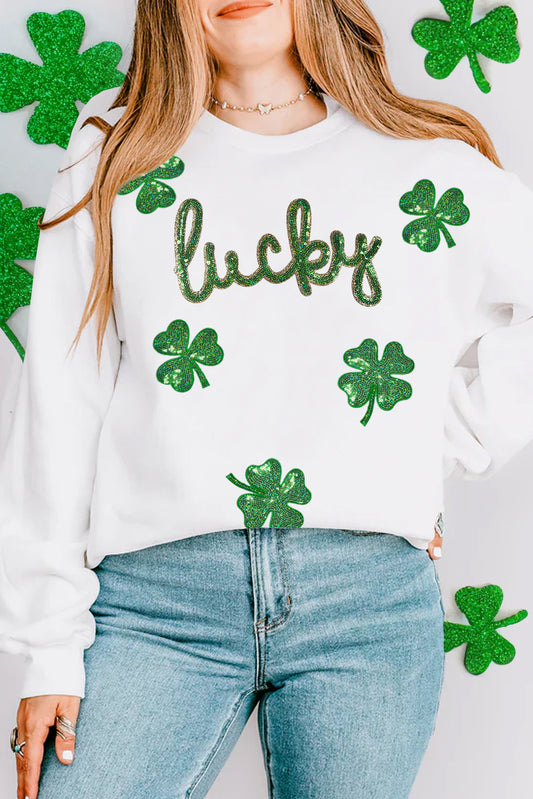 Weißes Sweatshirt mit Kleeblatt-Pailletten