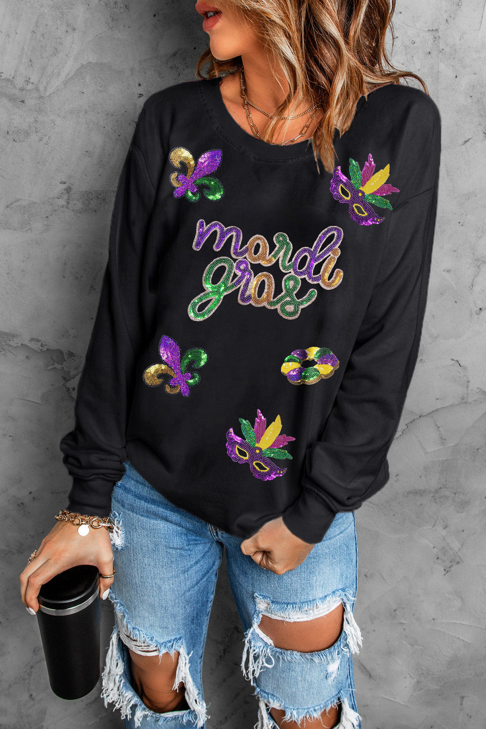 Schwarzes Marsi Gras-Sweatshirt mit Pailletten