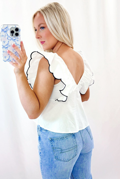 White Bow Ruffle V Neck Blouse