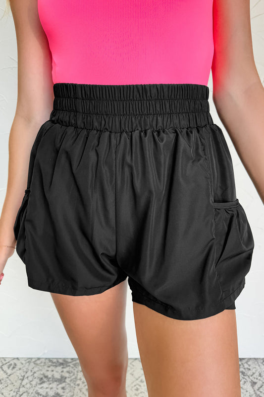 Schwarze, elastische Freizeitshorts mit hoher Taille