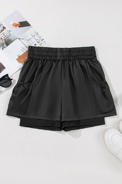 Schwarze, elastische Freizeitshorts mit hoher Taille