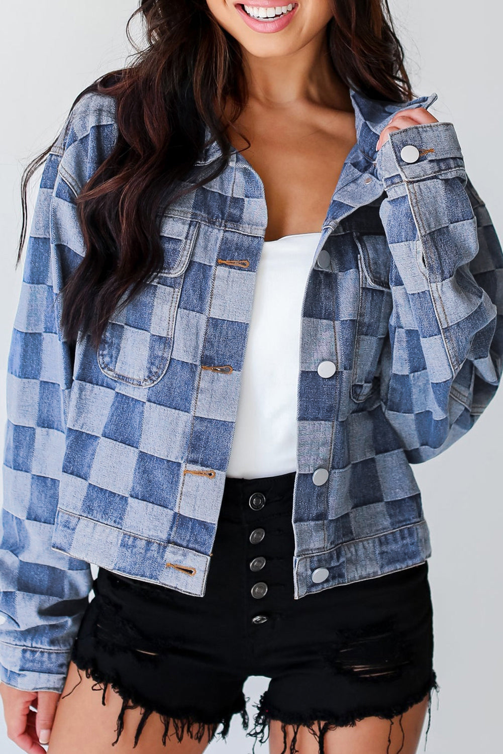 Schwarze karierte Jeansjacke