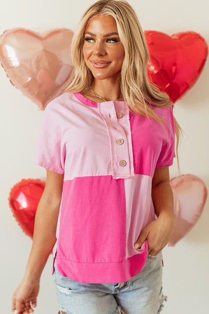 Pink Rose T-Shirt mit halben Knöpfen und Kragen