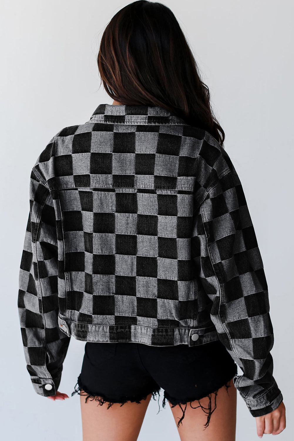 Schwarze karierte Jeansjacke