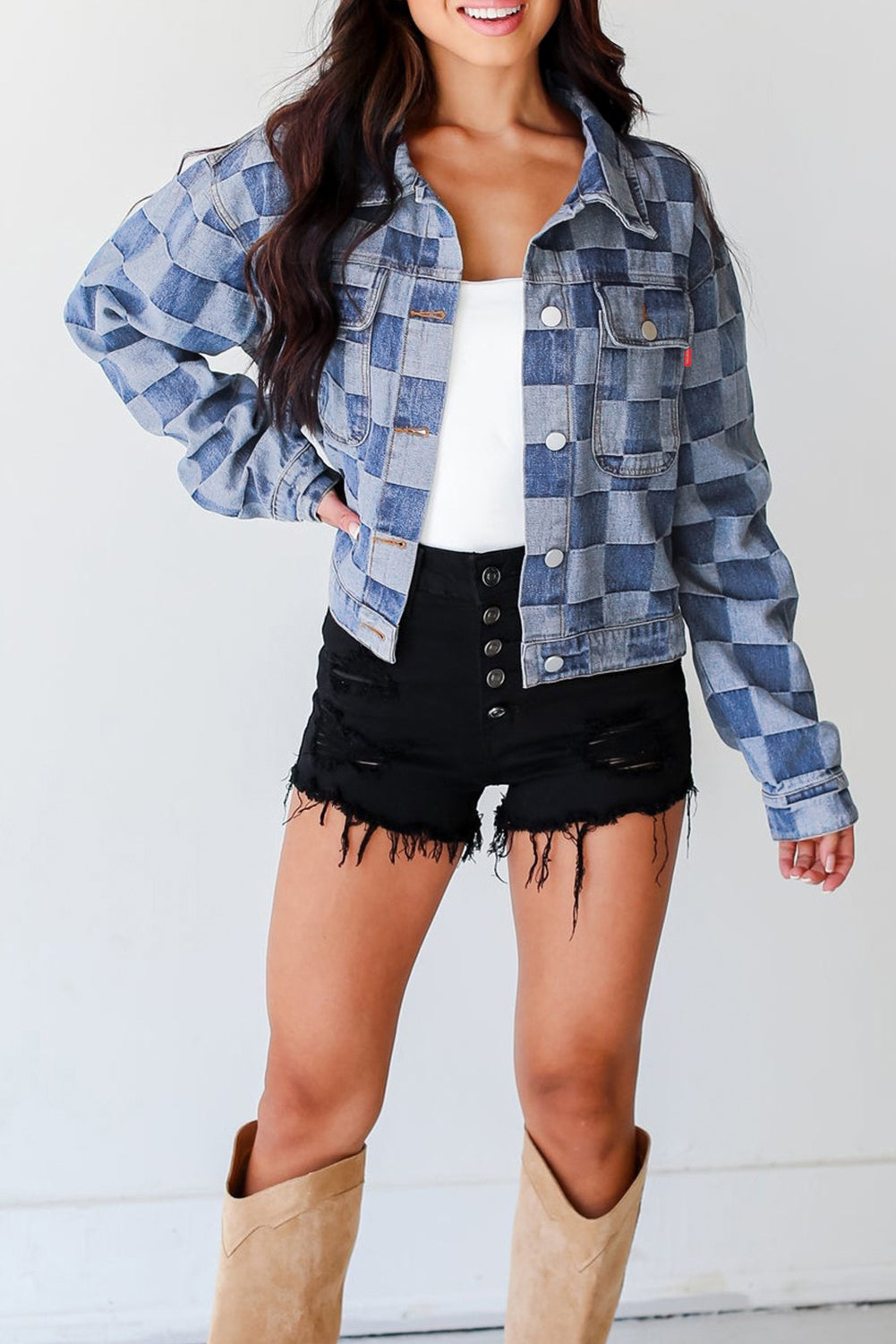 Schwarze karierte Jeansjacke