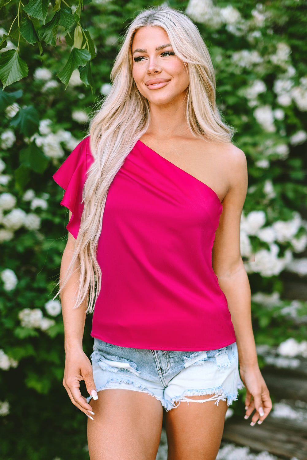Elegante Bluse mit asymmetrischer Schulterpartie in Erdbeerrosa