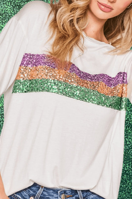 Weißes Mardi Gras T-Shirt mit Paillettenstreifen