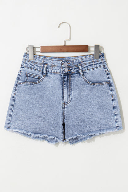 Blaue Jeansshorts mit hoher Taille und Strasssteinen