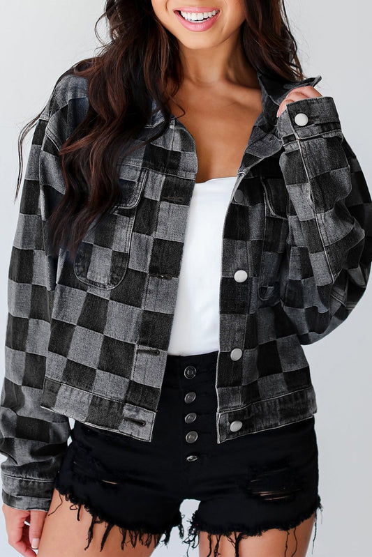 Schwarze karierte Jeansjacke