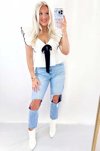 White Bow Ruffle V Neck Blouse