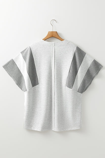 Light Grey Two Tone Contrast Waffle Knit Patched Buttoned V Neck Top