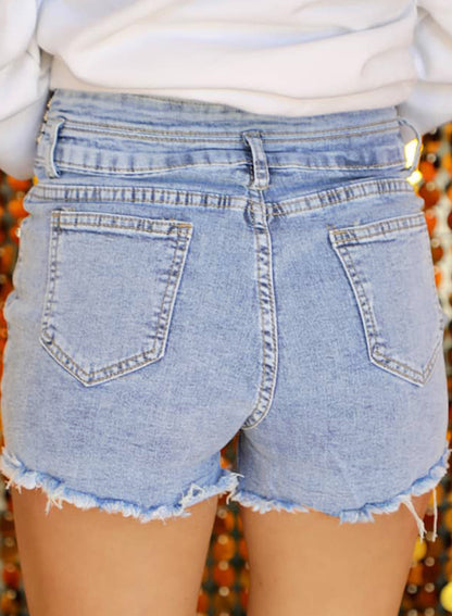 Blaue Jeansshorts mit hoher Taille und Strasssteinen