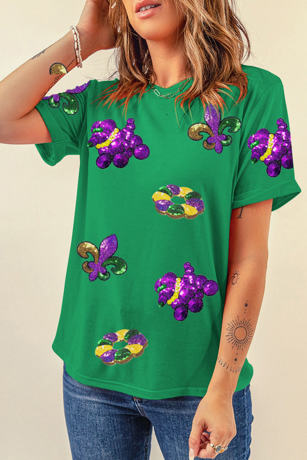Hellgrünes T-Shirt mit Glitzergrafik